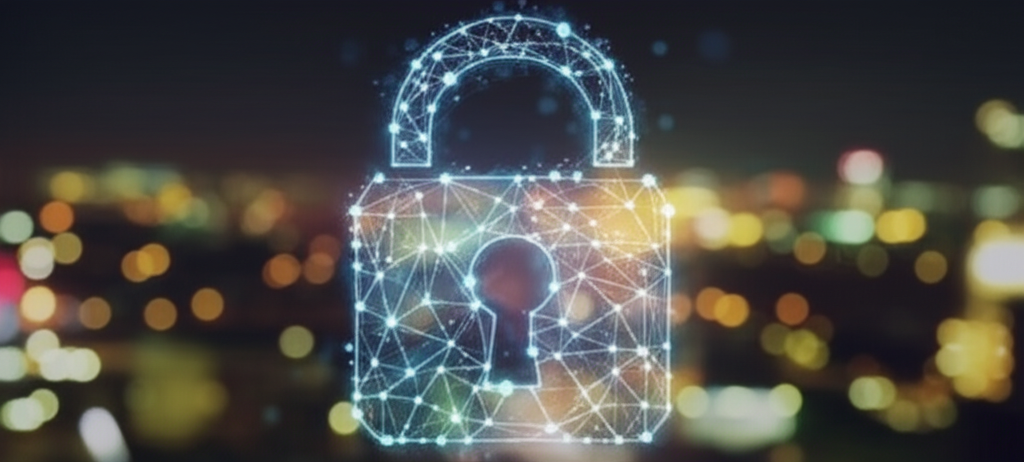 A single, stylized padlock made of interconnected, glowing nodes, resembling a neural network or distributed system, shimmering softly against a blurred background of city lights. The padlock is complete and secure, emitting a faint, reassuring light.