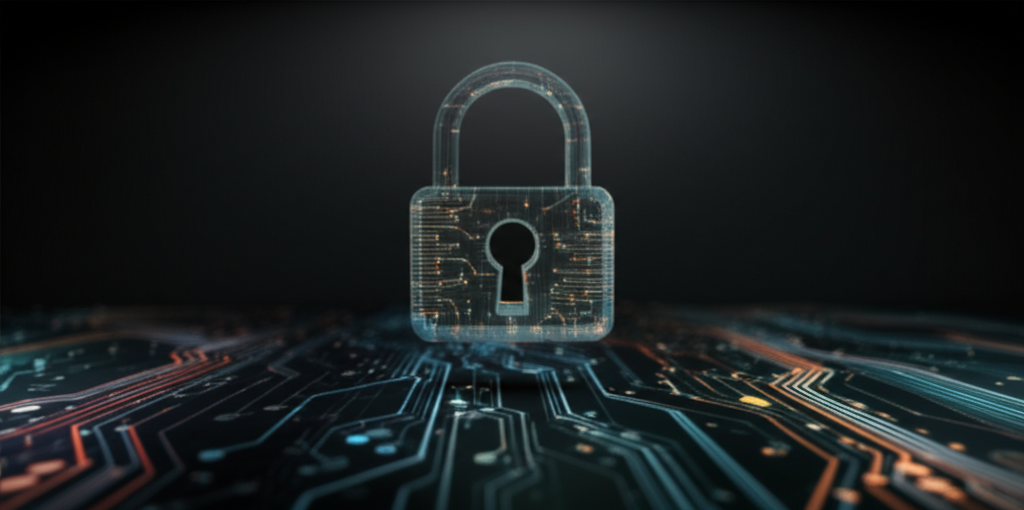 A single, stylized padlock, digitally rendered to appear almost holographic, with glowing circuits visible inside its transparent shell. The padlock is subtly levitating above a dark, abstract representation of interconnected digital data streams that look like flowing, colored light. The overall feel is clean, futuristic, and protective.