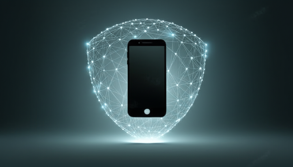 A stylized, glowing network of interconnected nodes (representing decentralized technology) forming a protective shield around a silhouette of a smartphone. The light emanating from the nodes only illuminates the phone within the shield, leaving the surrounding area in soft shadow.