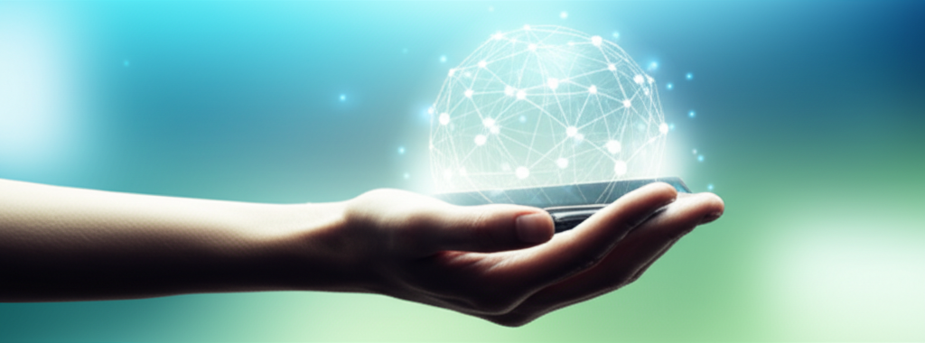 A stylized hand gently cradling a glowing, intricately-patterned orb that represents a smartphone. The orb is partially transparent, revealing a network of interconnected nodes within. The background is a soft, blurred gradient of calming blues and greens, suggesting a sense of security and tranquility.