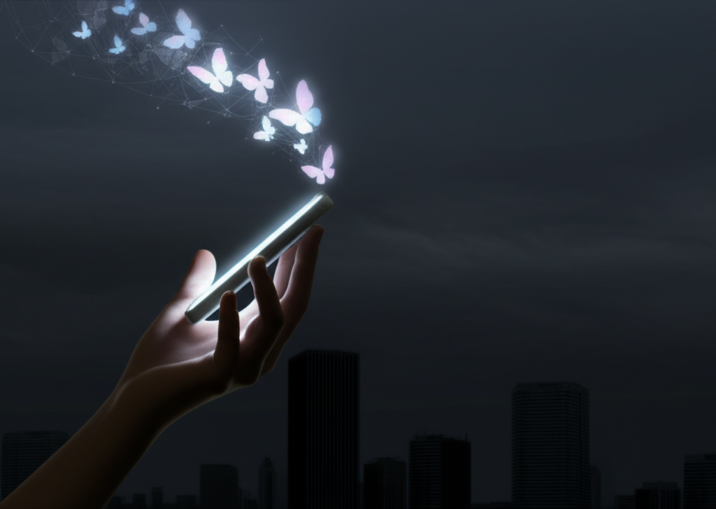 A stylized hand holding a glowing smartphone is gently cradling a cluster of interconnected, bioluminescent butterflies that are flying upward and away from the phone. Below the hand, shadowy, corporate-looking skyscrapers are faintly visible.