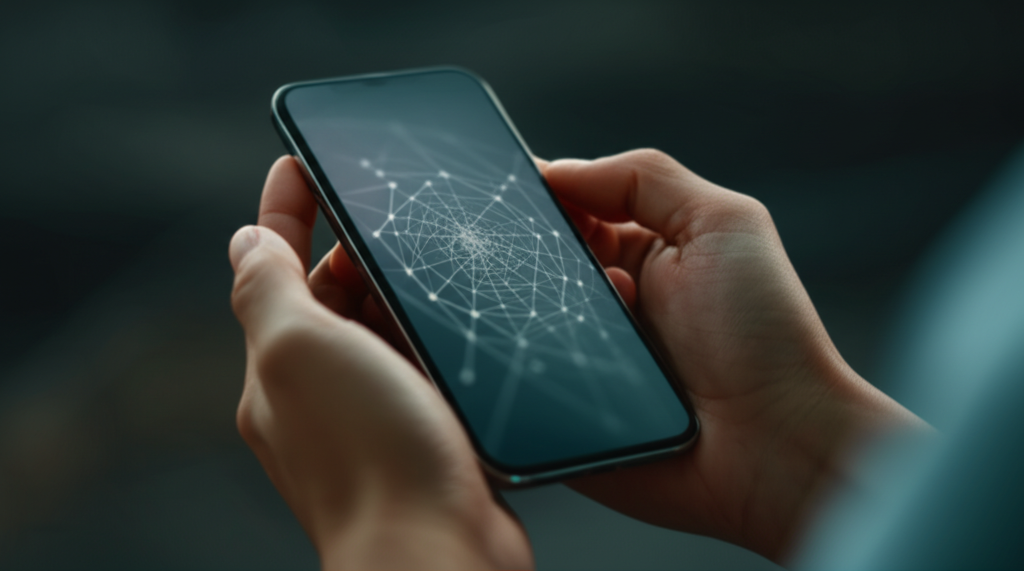 A stylized, glowing smartphone held gently in cupped hands. The screen displays a faint, intricate web-like pattern emanating outwards, suggesting interconnectedness and data flow, but with the pattern securely contained *within* the phone's screen area, symbolizing data ownership and control. The background is softly blurred and dark, putting the focus squarely on the illuminated phone and the hands.
