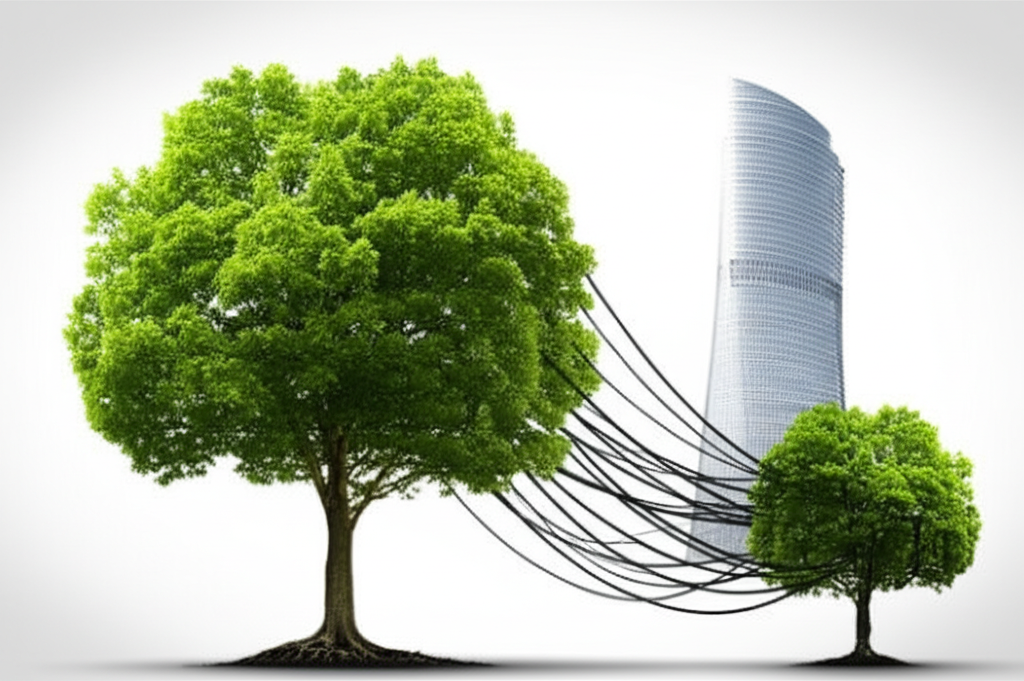 A single, bright, healthy tree with strong roots on one side of the image. On the other side of the image, a single, identical tree is attached to a network of wires leading to a single, imposing skyscraper in the background, appearing weaker.