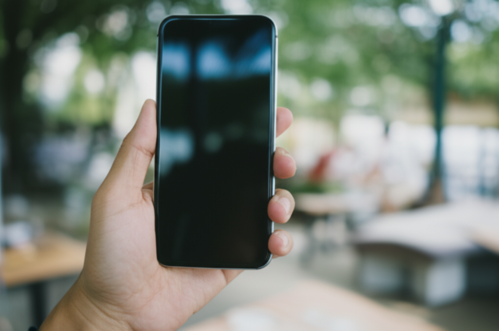 A close-up photograph focusing on a hand securely holding a smartphone. The background is softly blurred, depicting a real-world setting like a bustling coffee shop or a park with natural elements. The phone's screen is dimmed, suggesting it's in use, but the specific content is not visible or emphasized. The overall impression is one of calm and control over personal technology.