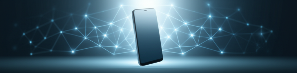 A stylized, glowing, interconnected web of nodes (representing decentralized networks) surrounding a sleek, minimalist smartphone. The nodes are subtly pulsing with light, giving a sense of dynamic activity and connection, while the phone itself is bathed in a soft, protective light.