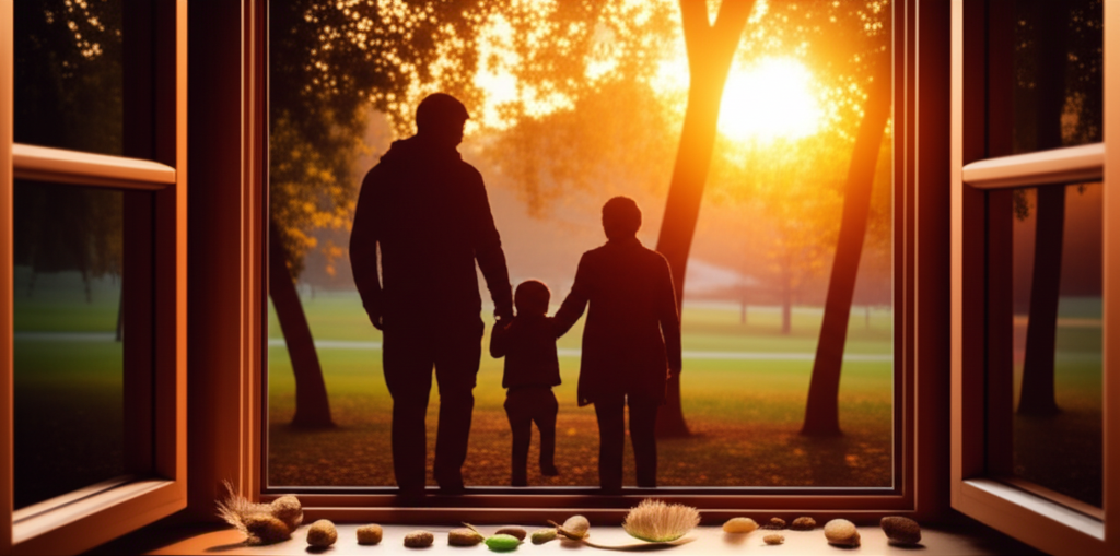 An open, warmly lit window showing a silhouette of two adults and a child holding hands in a park filled with trees during a vibrant sunset, their backs facing the viewer looking out the window. In the foreground, on the windowsill, sits a collection of small, natural objects like smooth stones, a feather, and a single green leaf. The overall feeling is peaceful and connected.