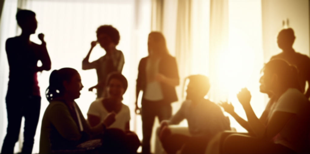 A softly lit, slightly blurred image of a diverse group of people silhouetted against a warm, inviting living room. They are clearly engaged in conversation and laughter, with no visible phones or devices in their hands or on tables nearby. The focus is on connection and genuine interaction.