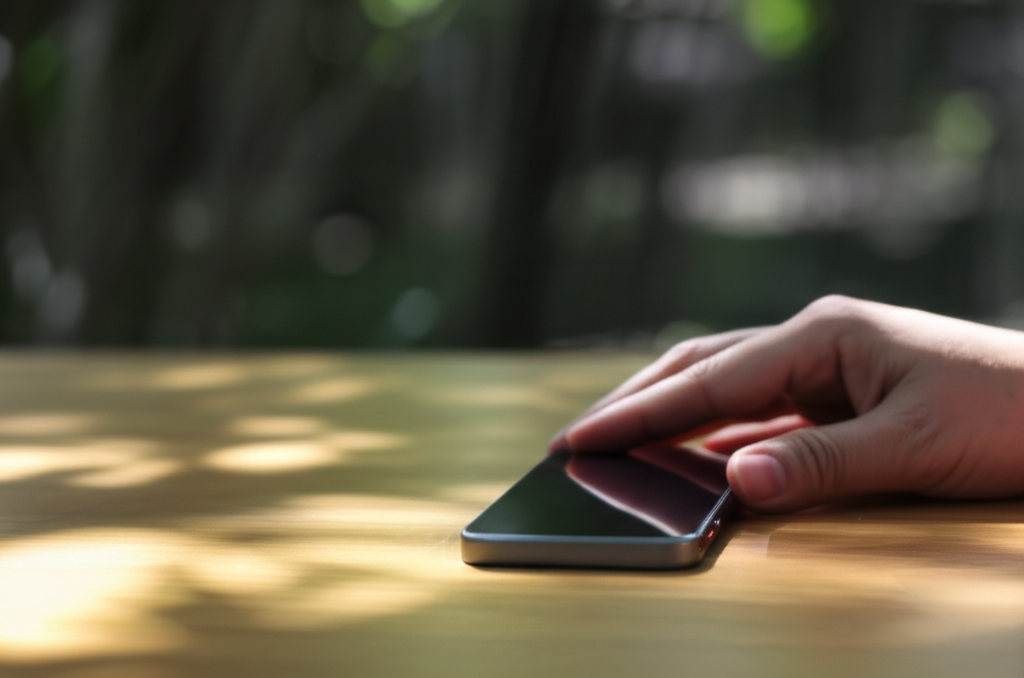 An image showing a hand gently placing a smartphone face down on a smooth, natural surface like a wooden table, with sunlight filtering through nearby leaves casting soft shadows. The background is slightly blurred, suggesting a calm, nature-inspired environment.