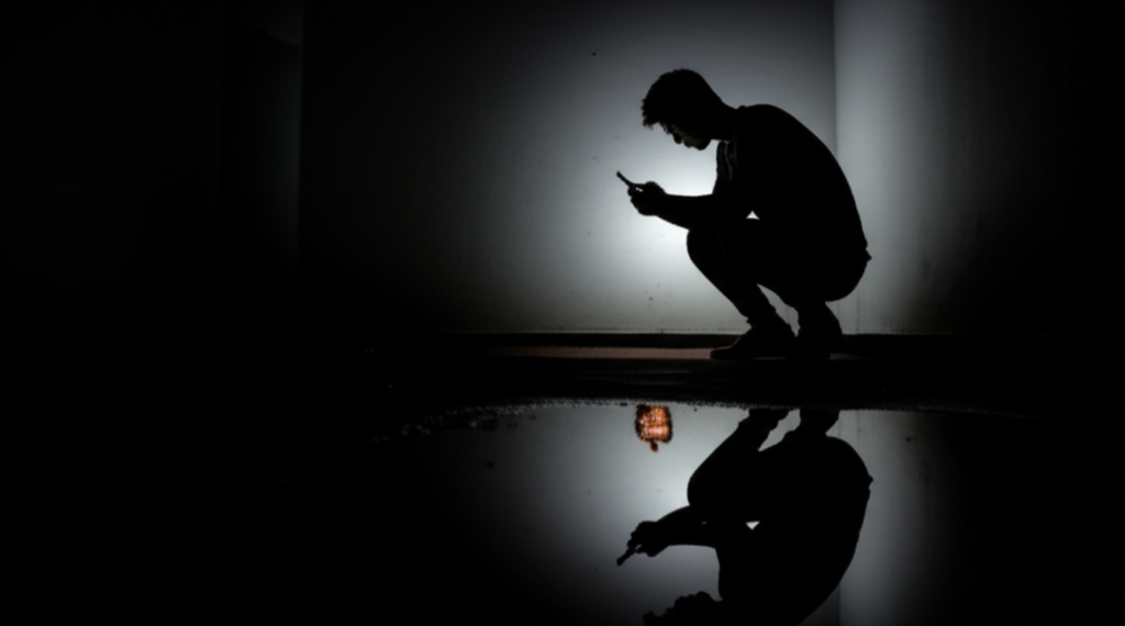 A silhouetted figure hunched over a glowing phone in a darkened room, but the light from the phone is reflecting harshly in a puddle of water at their feet, creating a distorted and fragmented reflection of their face.