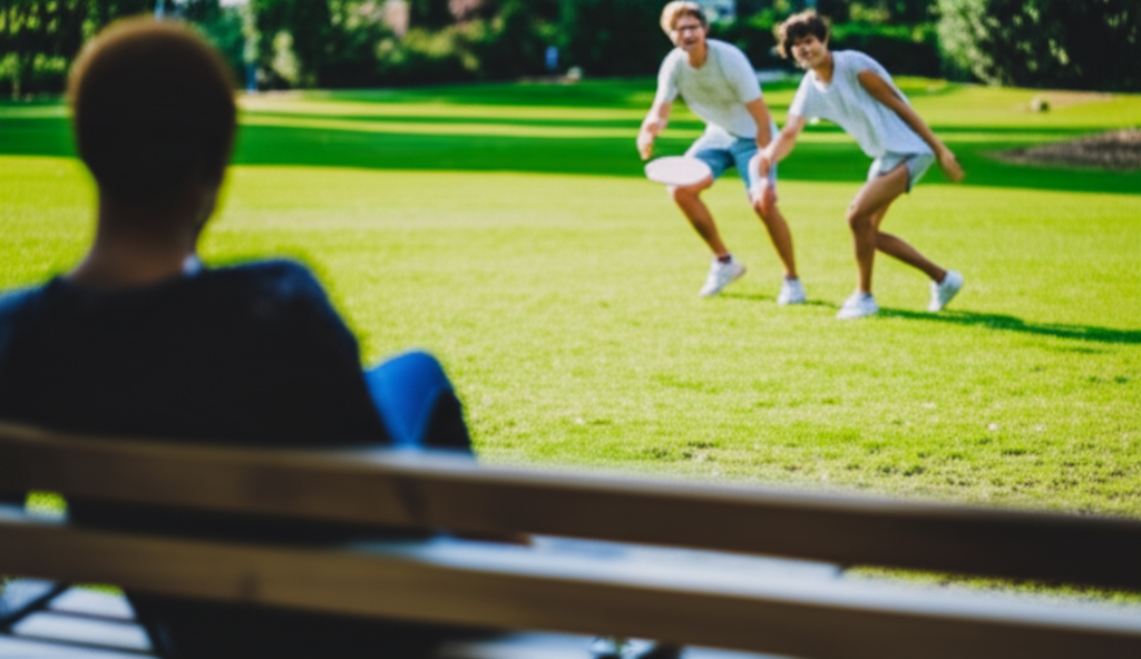 A blurred silhouette of a person sitting on a park bench, looking away from the viewer. Their partially visible phone is lying face down next to them on the bench, while in the background, slightly in focus, are two people laughing and interacting while playing frisbee.