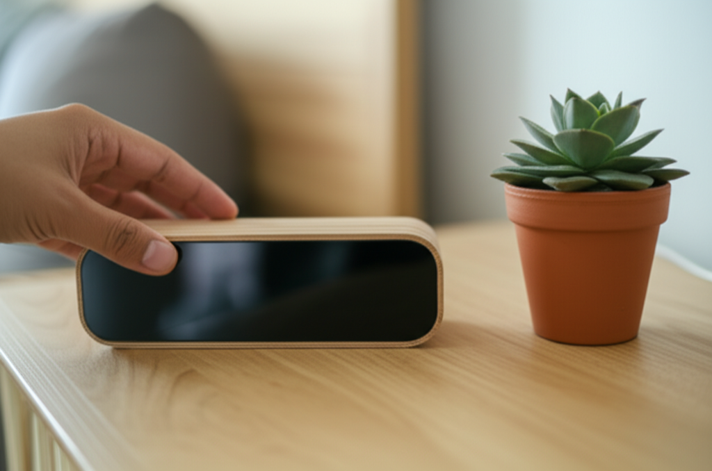 A hand gently placing a sleek, minimalist digital alarm clock onto a natural wood bedside table next to a blooming succulent in a simple terracotta pot. The background is softly blurred, suggesting a calm and uncluttered bedroom.