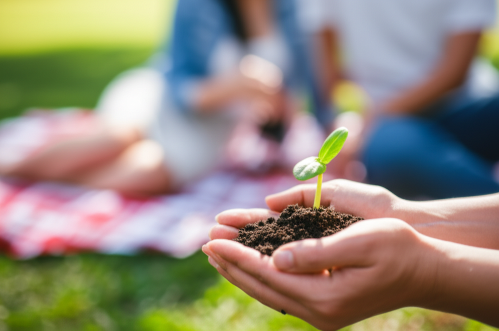 A pair of hands gently cradling a small seedling sprouting from the earth, with sunlight filtering through the hands and illuminating the seedling. In the blurred background, suggest a picnic blanket and two people enjoying a relaxed conversation, suggesting a real-world connection.