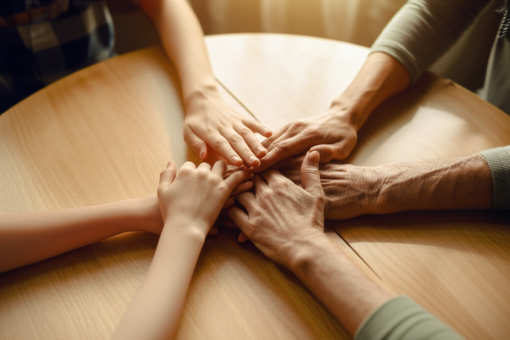 A warm, softly lit photograph showing the hands of four people of different ages (child, teenager, adult, senior) intertwined in the center of a circular wooden table. The hands are relaxed and suggest connection and unity. The background is slightly blurred, hinting at a cozy home environment, with natural light filtering through a window in the distance.