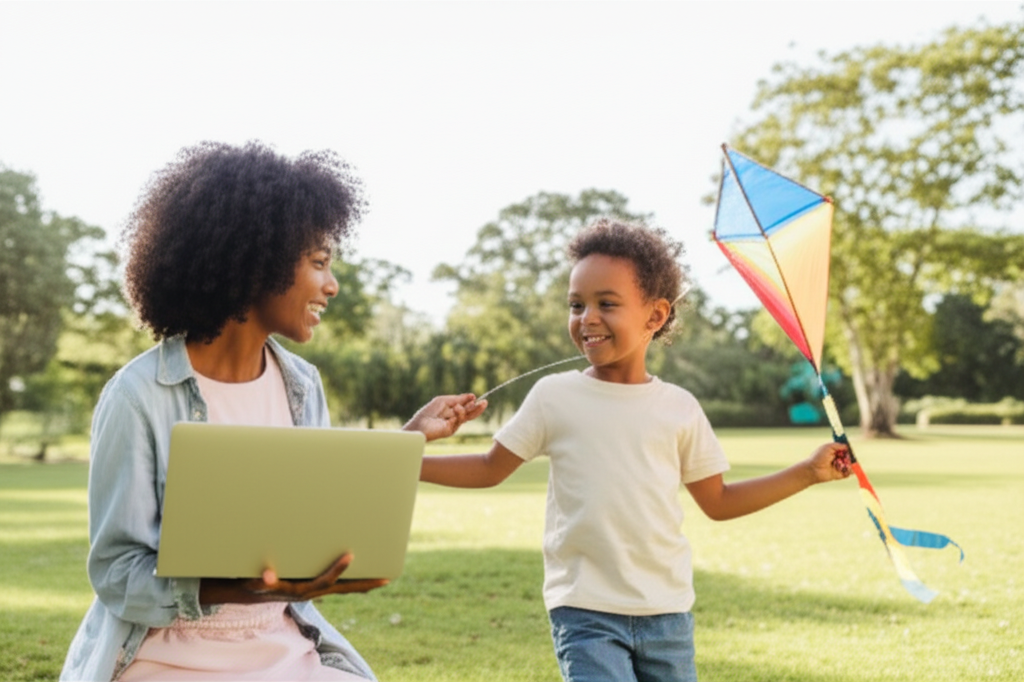 A person gently closing a laptop while simultaneously reaching out to hold the hand of a child who is holding a kite, both smiling. Outside, there is a park bathed in sunlight.