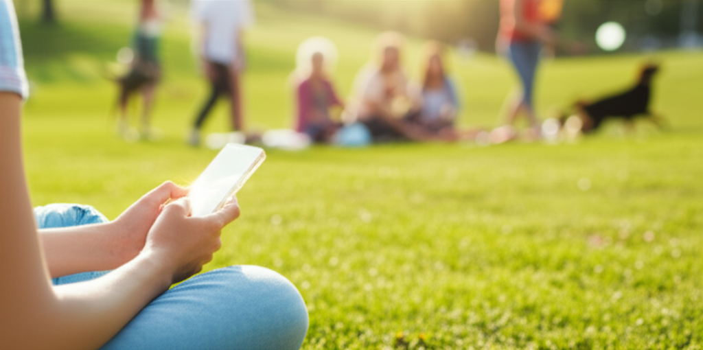A person sitting cross-legged on a vibrant, green grassy hill. In the foreground, their relaxed hands are gently holding a glowing, translucent smartphone. In the background, partially out of focus, are several joyful people engaged in various outdoor activities like playing frisbee, picnicking, and walking their dog, bathed in warm sunlight. The overall feeling is peaceful and harmonious, visually suggesting the integration of technology with real-world connection.
