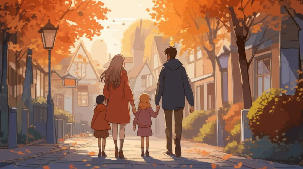 A warmly lit, panoramic view of a family (parents and two children, one young, one teen) walking hand-in-hand down a cobblestone street lined with vibrant autumn foliage. The buildings behind them are quaint and charming, suggesting a historical European village. The family is dressed in modest, stylish autumn attire. The overall feeling is cozy, inviting, and respectful.
