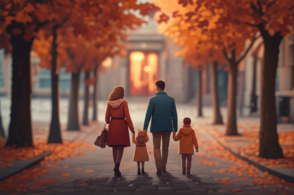 A warmly lit, slightly out-of-focus shot showing a family (mother, father, and two young children) walking away from the camera down a cobblestone street lined with autumn-colored trees. They are holding hands and silhouetted slightly against a soft, golden light spilling from a cafe window in the distance, suggesting a sense of warmth, connection, and journey's end.