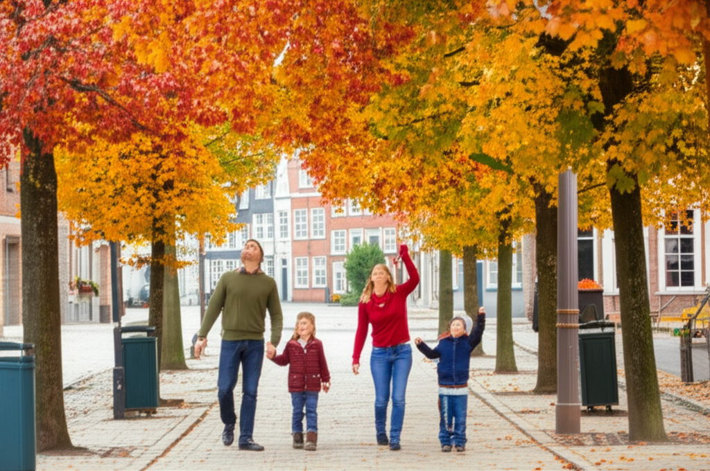 A wide shot showing a family (parents and 2-3 children) walking on a cobblestone street lined with trees in peak autumn foliage. The architecture visible in the background is charming and historic, suggesting a European town or similar culturally significant setting. The family's attire is modest and respectful, reflecting local customs. They are all looking upwards at the colorful trees with expressions of wonder and joy.