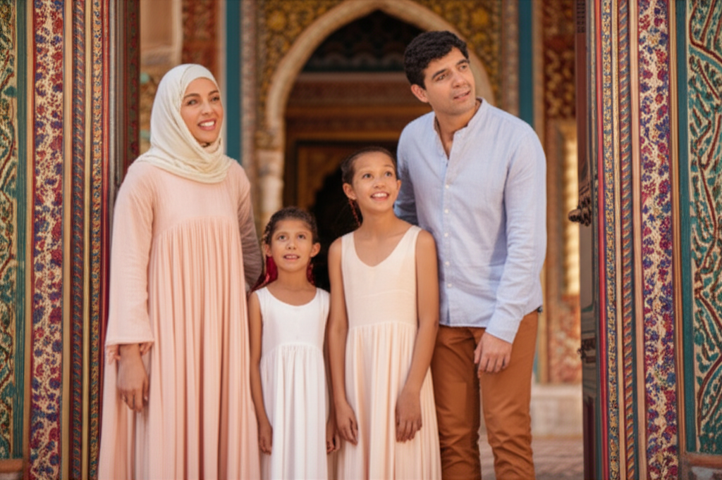 A family (mother, father, two children, around 8 and 12 years old) are standing near a colorful, ornately decorated doorway (maybe a mosque or temple entrance in the background, but kept slightly out of focus). The mother is wearing a loose-fitting, long-sleeved dress and headscarf, and the daughter is wearing a similar, though simpler, outfit. The father and son are wearing modest, respectful clothing (long pants, button-down shirts). They are all smiling and looking at something just outside the frame, conveying a sense of excitement and anticipation for exploring. The overall scene is warm and inviting, with soft, natural lighting.