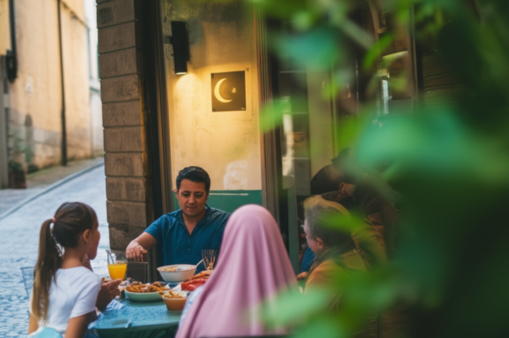 A warmly lit outdoor cafe scene at a European destination (e.g., cobblestone street), with a family enjoying a meal. One member of the family is subtly identifiable as Muslim (e.g., wearing a hijab). In the background, partially obscured by foliage or a building corner, is a small, unobtrusive sign with a crescent moon symbol indicating a nearby prayer facility.