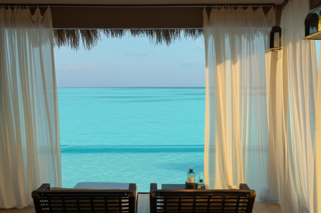 A subtly-lit, private beach cabana or villa patio overlooking a calm, turquoise ocean. The cabana/patio is partially obscured by sheer, flowing curtains or screens, hinting at privacy and seclusion, and includes comfortable-looking outdoor seating. The overall mood is peaceful and serene, suggesting relaxation and exclusivity.