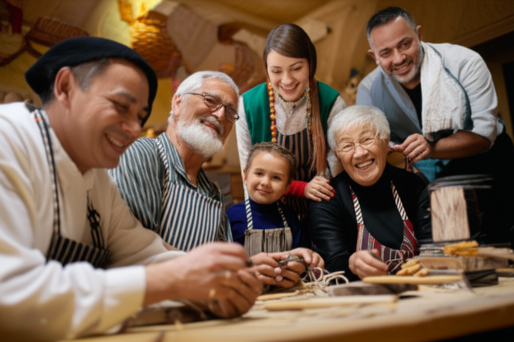 A warmly lit scene showing a multi-generational family (grandparents, parents, children) smiling and engaging in a traditional local craft activity alongside local artisans in a workshop setting. The clothing of both the family and artisans should reflect the modest and respectful attire of the region and its traditions. Everyone should appear comfortable and connected.