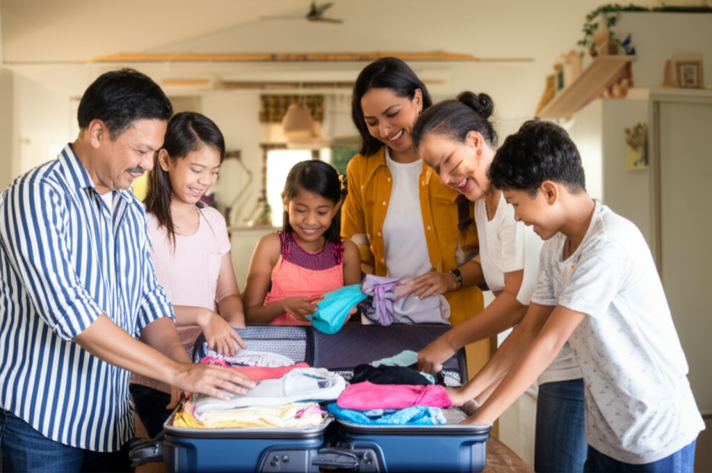 A diverse group of smiling family members (parents, children, grandparents) are playfully but respectfully folding colorful, modest clothing items into a partially packed, well-organized suitcase. The background is a warmly lit room with subtle travel-related décor, suggesting a home environment.