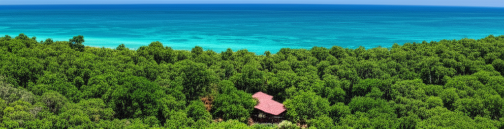 A serene panoramic view of a lush, untouched rainforest canopy meeting a crystal-clear turquoise ocean, with a small, traditionally built wooden eco-lodge nestled unobtrusively amongst the trees on the coastline.