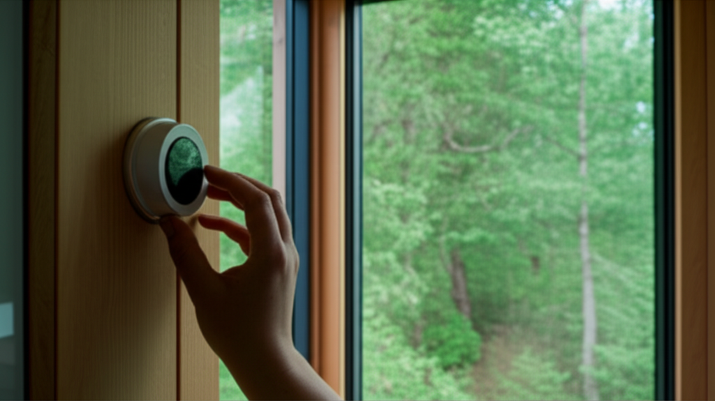 An image showing a hand gently adjusting the thermostat in a sustainably designed tiny house made of natural materials, with a lush green forest visible through the large window behind the hand.