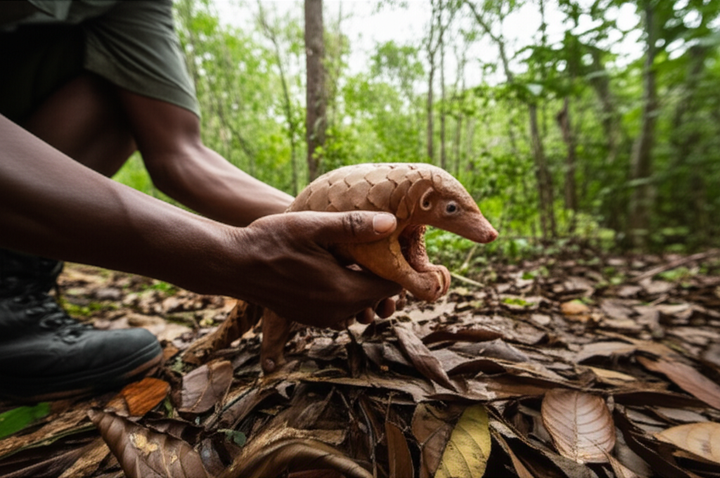 A close-up shot of a local community member gently releasing a rehabilitated, endangered animal (like a pangolin, a sea turtle hatchling, or a small primate) back into its natural habitat. The background should show the lush, protected landscape of the eco-tourism spot.
