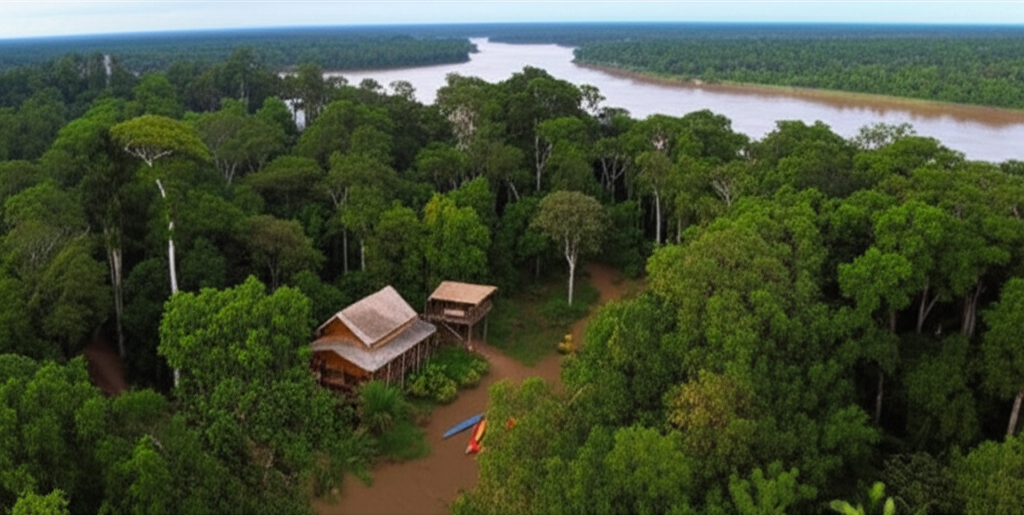 An aerial view showcasing a small, sustainably-built lodge nestled harmoniously within a lush, undisturbed rainforest, with a winding river visible in the distance and canoes pulled up on the riverbank. The scene should convey a sense of remoteness, peace, and integration with nature.