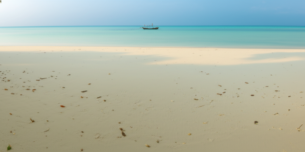 A panoramic shot of a pristine, secluded beach at sunrise. The sand is untouched, with only a few delicate, naturally fallen leaves visible. In the distance, a small, traditionally built fishing boat is gently gliding along the calm turquoise water. The focus is on the untouched beauty and serenity, with minimal signs of human impact.