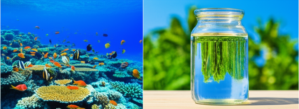 A split image: On the left, a lush, thriving coral reef teeming with vibrant fish. On the right, a clear glass jar filled with rainwater, reflecting the surrounding green trees and blue sky.