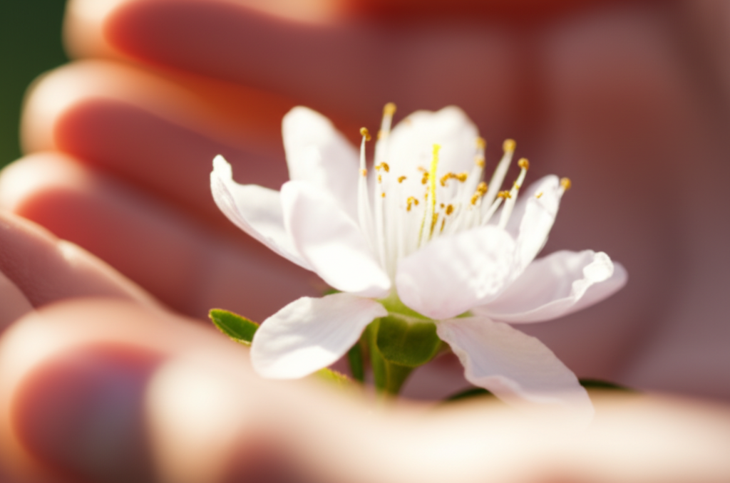 A close-up shot of hands gently cupping a blossoming flower, bathed in soft, natural sunlight. The hands are slightly blurred to keep the focus on the delicate petals of the flower. The flower represents growth, natural beauty, and the nurturing aspect of conscious living.