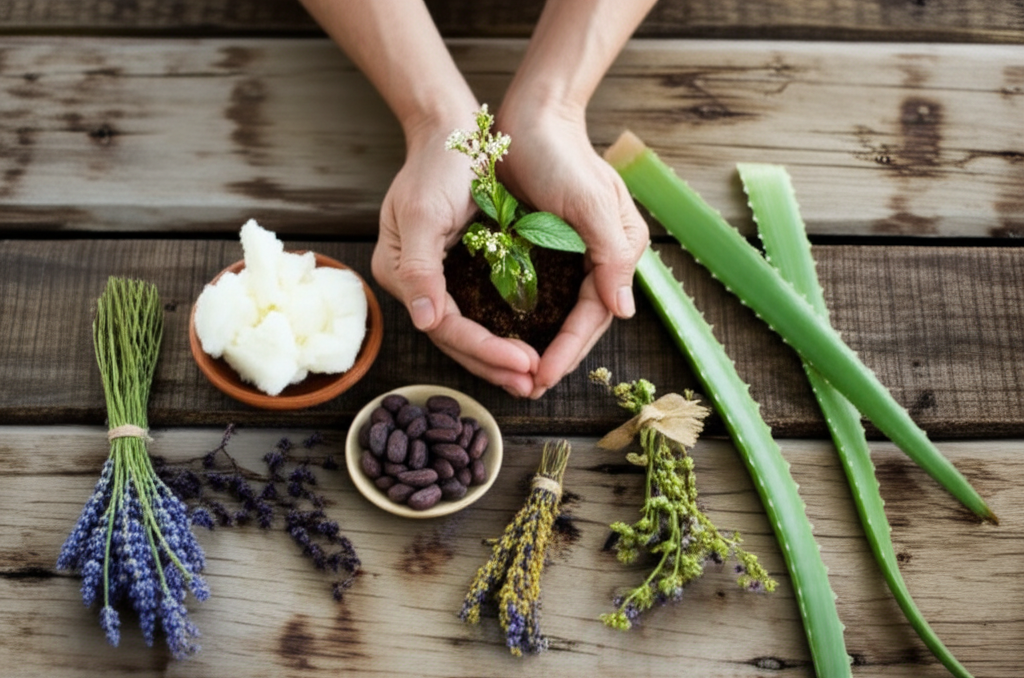 A pair of hands gently holding a small, blossoming plant seedling above a diverse collection of ethically sourced, natural skincare ingredients. These ingredients could include things like shea butter, cocoa beans, aloe vera leaves, and small bundles of dried herbs, all arranged artfully on a rustic wooden surface.