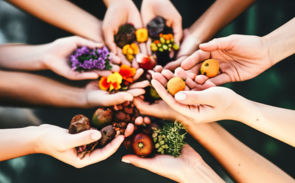 A diverse collection of hands gently cradling and interacting with raw, natural ingredients like flower petals, herbs, clay, and fruits. The lighting should be soft and natural, and the focus should be on the connection between the hands and the earth's bounty. The hands themselves should be free of any heavy makeup or nail polish, emphasizing natural beauty.