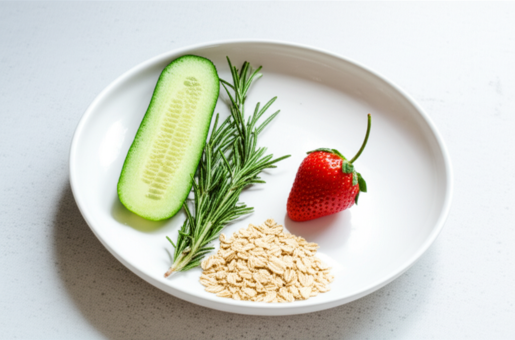 A clean, white ceramic dish holding a small assortment of fresh, raw ingredients commonly used in skincare, such as a slice of cucumber, a sprig of rosemary, a few rolled oats, and a single strawberry. The focus is on the natural textures and colors of the ingredients, and the dish is positioned on a light, neutral background with soft, natural lighting.
