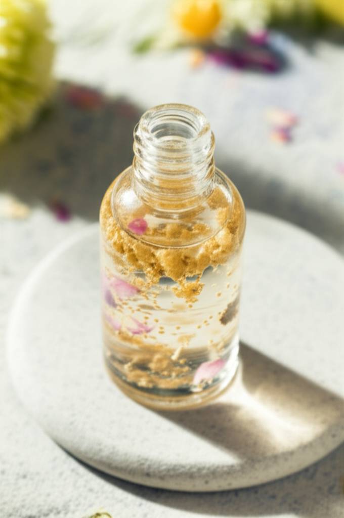 A clear glass bottle of skincare serum with visible botanical ingredients (like flower petals, seeds, or herbs) suspended in the liquid. The bottle is placed on a smooth, light-colored stone slab, positioned to catch natural sunlight, highlighting the purity and clarity of both the ingredients and the container.