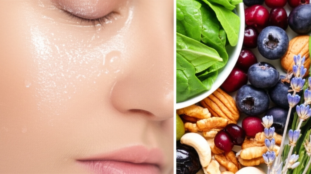 A split image: On one side, a close-up of glowing, healthy skin with a few droplets of water reflecting light. On the other side, an arrangement of natural ingredients (like leafy greens, berries, nuts, and a sprig of lavender) artfully placed to emphasize their freshness and purity.
