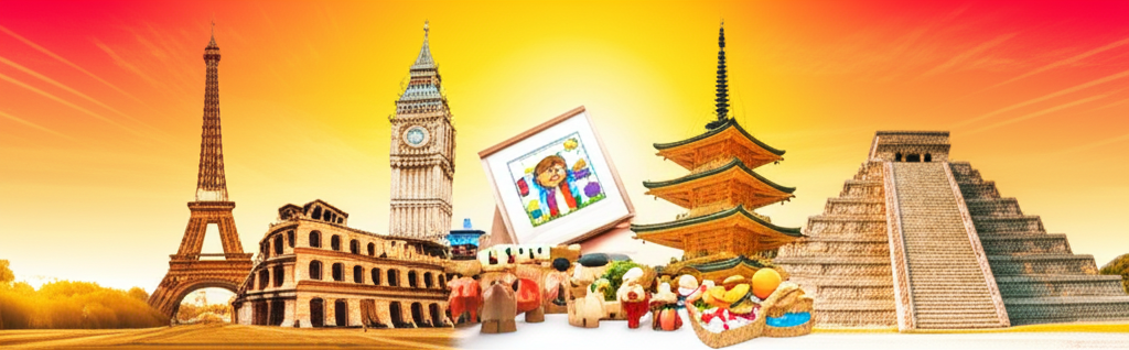 A vibrant montage blending iconic architectural landmarks from different countries (e.g., the Eiffel Tower, a Japanese pagoda, a Mayan temple), each subtly framed with elements suggesting family fun – perhaps a child's drawing propped against the Eiffel Tower, a picnic basket near the pagoda, or small carved wooden toys beside the Mayan temple. The entire image should have a warm, inviting, and slightly whimsical feel.