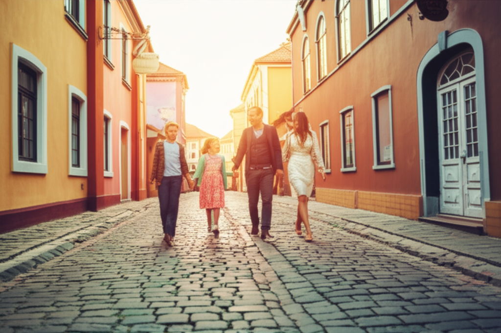A warmly lit, candid photograph showing a family (parents and two children, approximate ages 8 and 12) walking hand-in-hand away from the viewer, down a cobblestone street lined with charming, colorful buildings. The buildings suggest a vaguely European or Mediterranean aesthetic, not clearly identifiable as any specific location but suggesting a safe and inviting atmosphere. The light source (likely the setting sun) should be behind them, creating a gentle, golden glow and a sense of forward momentum and positive memories being made.