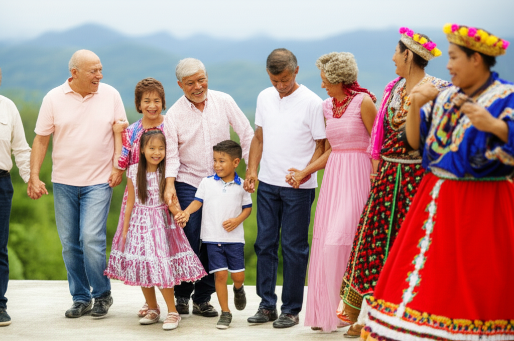 A multigenerational family (grandparents, parents, and children) are joyfully participating in a traditional dance with local performers in a vibrant, outdoor setting. Everyone is smiling and interacting positively, dressed in clothing respectful of the local culture, with the local performers leading the dance. The background shows a beautiful, natural landscape typical of the destination.