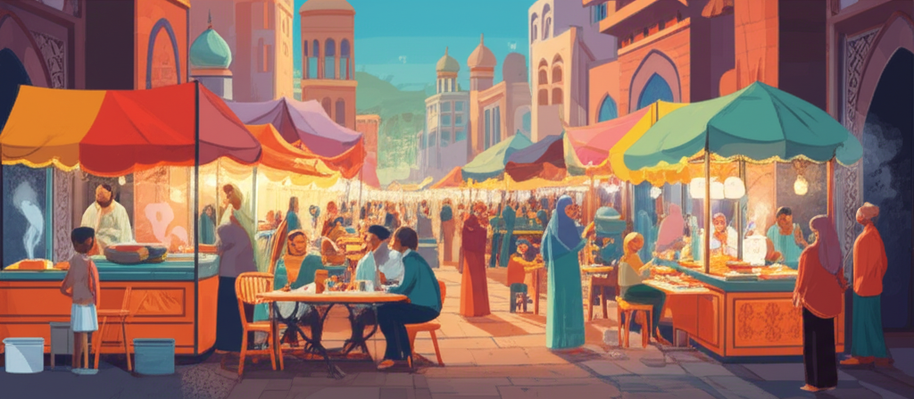 A bustling street food market scene at dusk in a non-descript, but clearly Muslim-majority country (e.g., identifiable by traditional clothing, architecture subtly in the background), featuring a variety of colorful food stalls with steaming dishes and happy families enjoying their meals together. Focus on the vibrancy, cultural richness, and shared enjoyment of food.