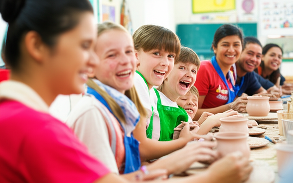 A vibrant, slightly blurred photograph depicting a group of children, ranging in ages 6-12, laughing and participating in a traditional craft activity alongside local artisans in a brightly colored workshop. The craft could be pottery painting, weaving, or lantern making. The children are clearly engaged and happy, with genuine smiles. The local artisans are also smiling warmly and gently guiding the children. The environment is authentic and culturally rich, but not overly staged.