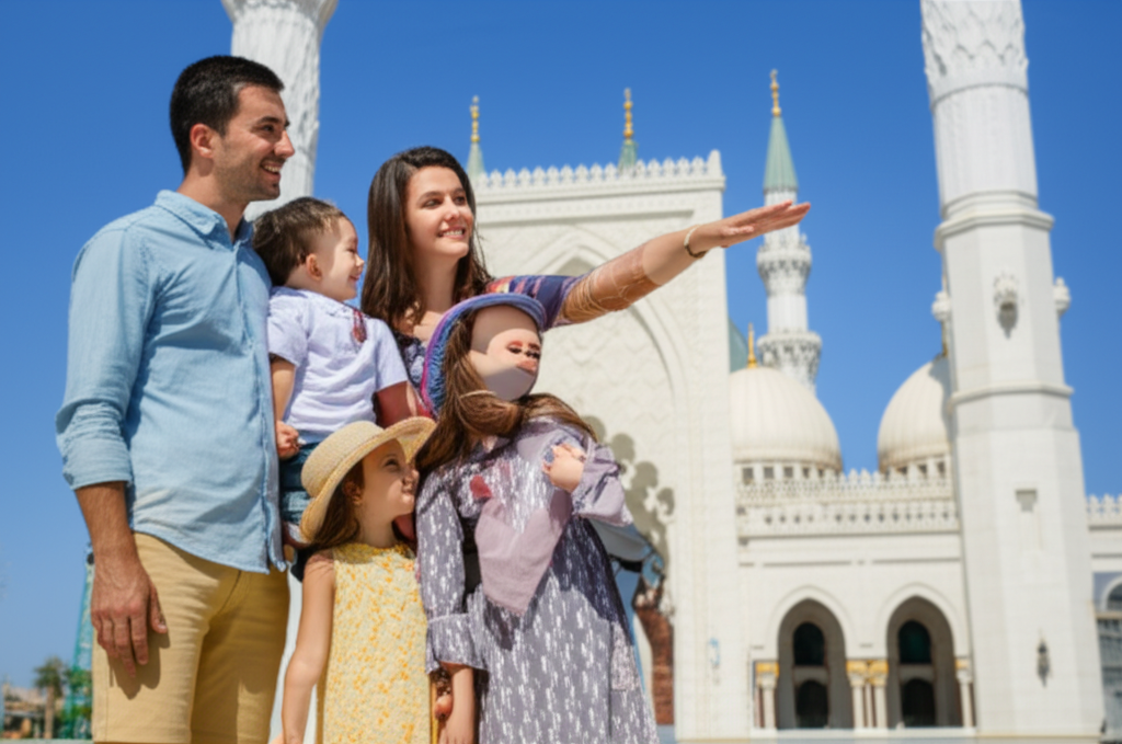 A family (father, mother, and two young children) standing in front of a beautifully designed mosque with a clear blue sky in the background. The family is dressed in modest, yet stylish travel clothing suitable for a warm climate. The father is pointing towards an architectural detail of the mosque, engaging the children's interest. The overall feeling is one of joy, curiosity, and respect.