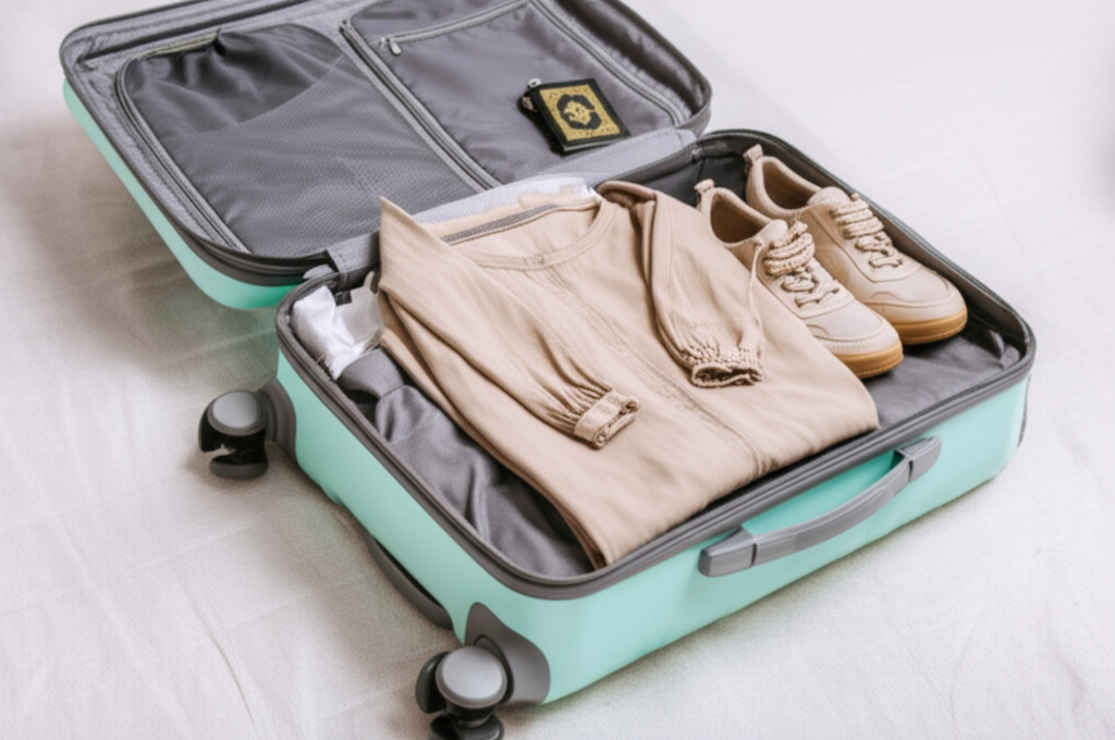 An open, pastel-colored suitcase on a light-colored surface. Neatly folded modest clothing items are partially visible inside - including a long skirt, a loose-fitting blouse with long sleeves, a headscarf, and comfortable walking shoes. A small travel-sized bottle of prayer beads or a travel-sized Quran is subtly tucked in a corner.