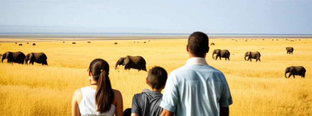 A wide-angle shot of a family (parents and two children) observing elephants in a natural, unfenced habitat from a respectful distance. The family is smiling and appears engaged, but not intrusive. The elephants are going about their natural activities, such as eating or interacting with each other. The scene should convey a sense of wonder and respect for the animals' space and freedom.