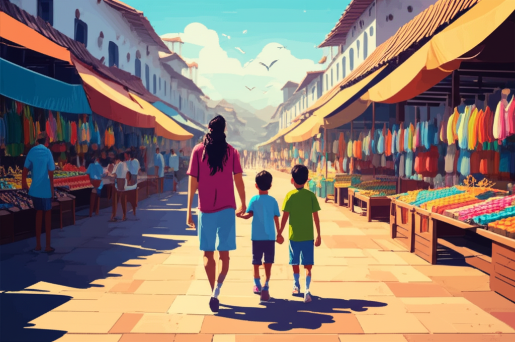 A family of four (parents, young child, and slightly older child) are shown from the back, holding hands, walking towards a vibrant marketplace in a foreign country. The market is filled with colorful stalls and the scene implies exploration and discovery.