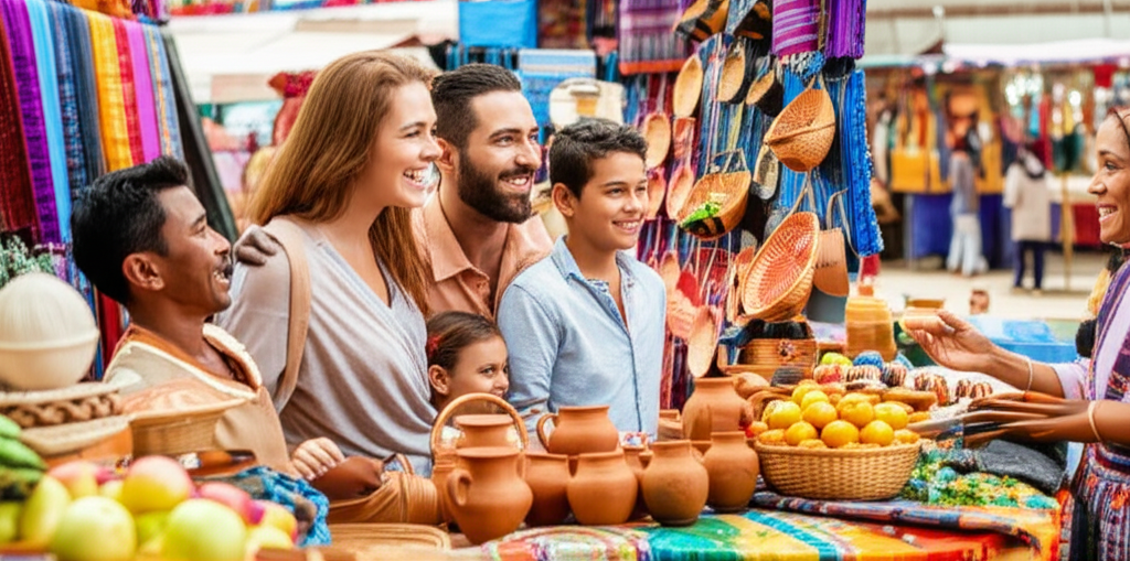 A vibrant, bustling marketplace scene. A family of four (parents and two children) are smiling, surrounded by colorful textiles, pottery, and local produce. They are interacting warmly with a local artisan or vendor who is gesturing towards their wares with a welcoming smile. The overall atmosphere is one of joyful cultural immersion and connection.