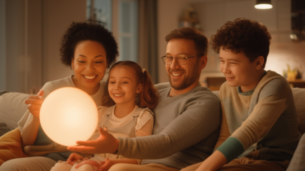 A warm, softly lit scene depicting a diverse family (two parents, two children of varying ages) gathered comfortably on a couch in their living room. They are all smiling and looking with genuine interest towards a gentle, glowing orb hovering near them, not in a dominating way, but rather as a source of shared light and connection. The overall feeling is cozy, safe, and harmonious.